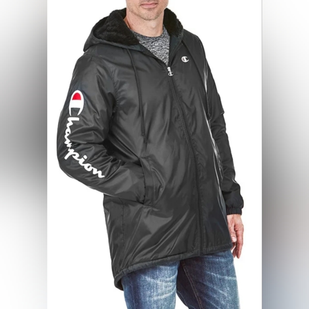 Champion Men's Size XL Sherpa Stadium Jacket w/Hood Coat Black